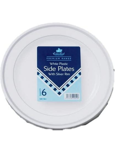 ESSENTIAL WHITE PLASTIC PLATES WITH SILVER RIM 7" PK6