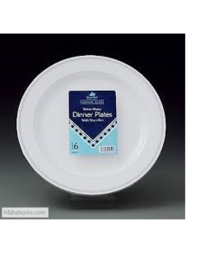 WHITE PLASTIC PLATES W/SILVER RIM 10" 6