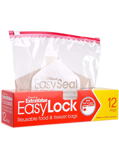 ESSENTIAL EXTRA VALUE EASY LOCK REUSABLE FOOD & FREEZER BAGS, 268MM X 279MM APPORX, 12BAGS