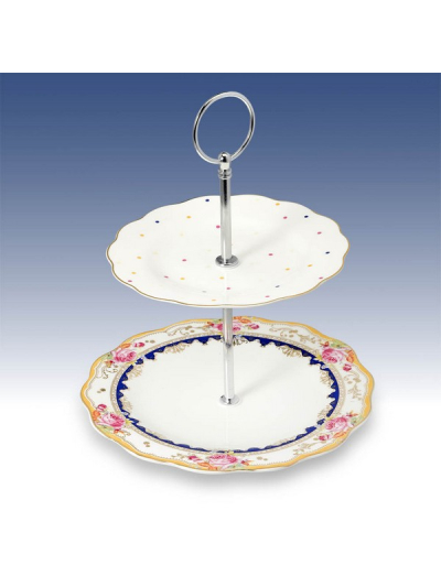 CHINA 2 TIER STAND FLOWER/DOTS NAVY
