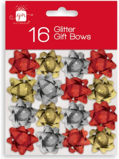 16 PC MINI GLITTER ASST COLOUR BOWS