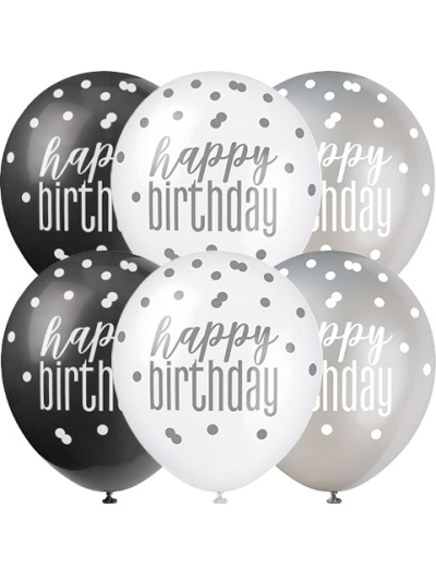 GLITZ 12" BLACK HAPPY BIRTHDAY ASSORTED BALLOONS PK6