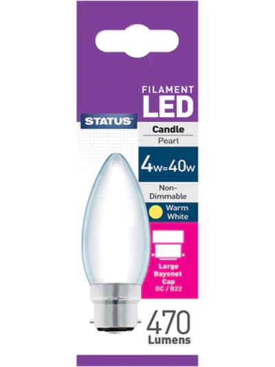 STATUS FILAMENT LED CANDLE PEARL "WARM WHITE" LARGE BAYONET CAP BC/B22 4W=40W