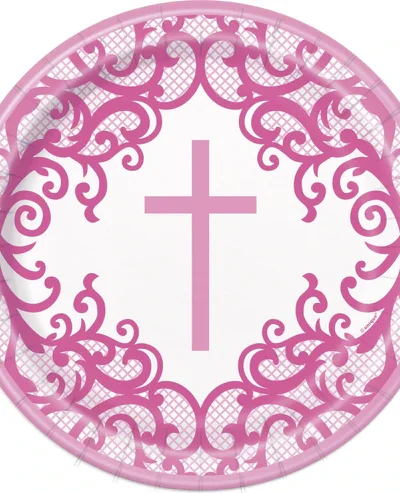UNIQUE 9" FANCY PINK CROSS PLATES PK8