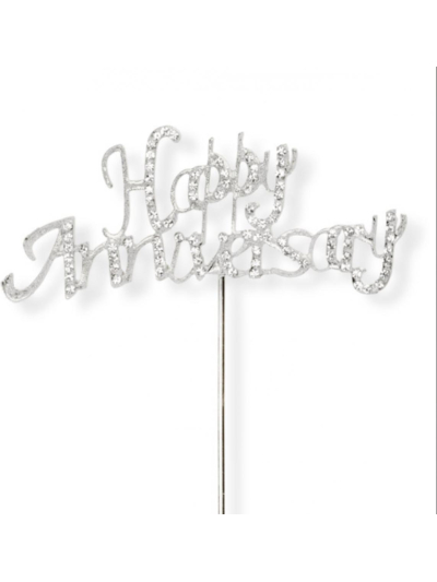 DIAMANTE HAPPY ANNIVERSARY SILVER STEM CAKE TOPPER