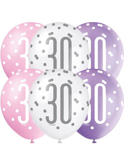 GLITZ 12" PINK AGE 30 ASSORTED BALLOONS
