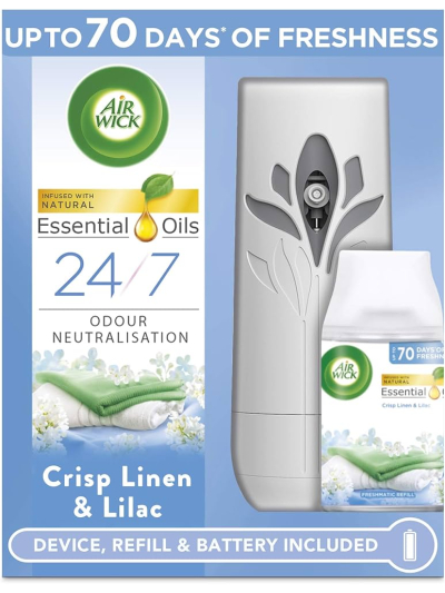 AIRWICK INFUSED WITH ESSENTIAL OILS FRESHMATIC AUTOSPRAY CRISP LINEN & LILAC: DEVICE, REFILL & BATTERY INCLUDED