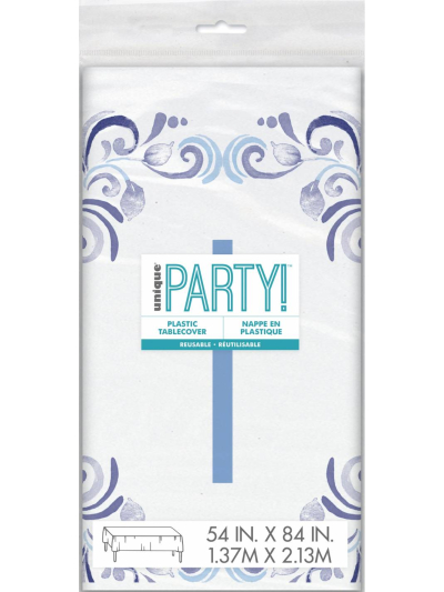 UNIQUE 54X84IN FANCY BLUE CROSS PLASTIC TABLECOVER