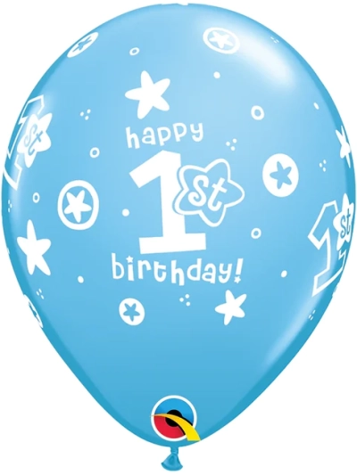 QUALATEX  BLUE 11" 1ST BIRTHDAY CIRCLE & STARS LATEX BALLOONS PK25