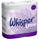 WHISPER ULTRA LUXURY WHITE TOILET TISSUE, 4 ROLLS 3 PLY