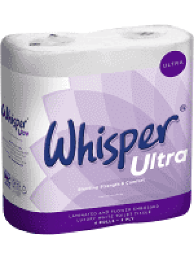 WHISPER ULTRA LUXURY WHITE TOILET TISSUE, 4 ROLLS 3 PLY