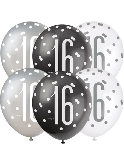 GLITZ 12" BLACK AGE 16 ASSORTED BALLOONS PK6