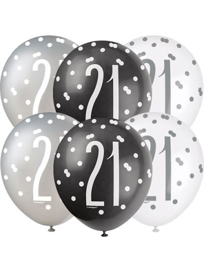 GLITZ 12" BLACK AGE 21 ASSORTED BALLOONS PK6