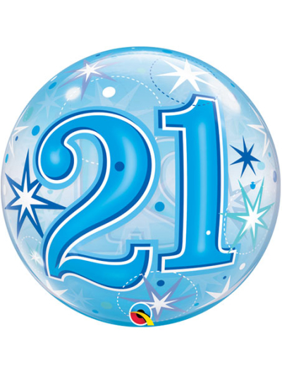 QUALATEX 22″ BLUE STARBURST NUMBER 21 BUBBLE BALLOON
