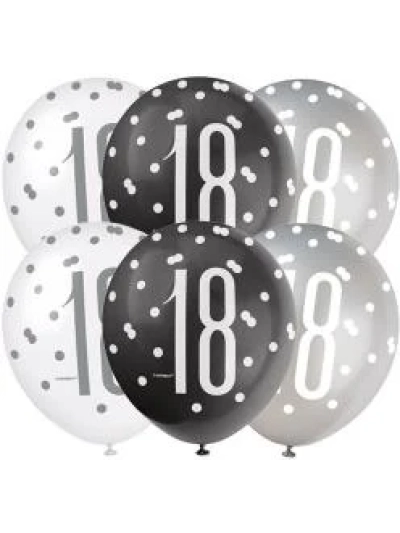 GLITZ 12" BACK AGE 18 ASSORTED BALLOONS PK6