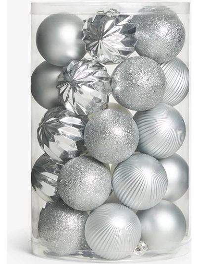 SILVER BAUBLES 42X30MM IN PVC TUB