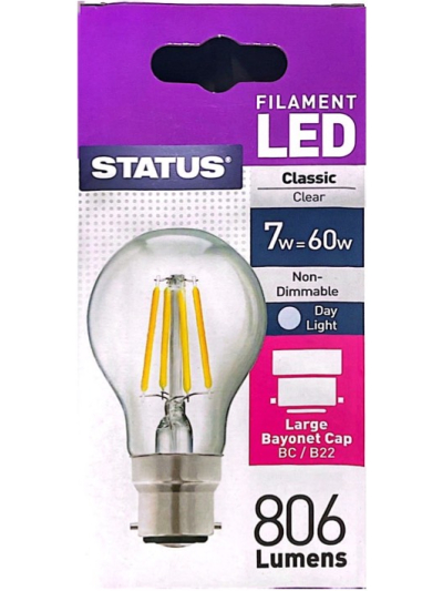 STATUS 7W=60W FILAMENT LED BC CLEAR BULB DAY LIGHT