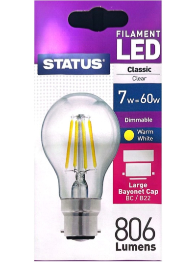 STATUS 7W=60W 806LM FILAMENT LED WARM WHITE BULB