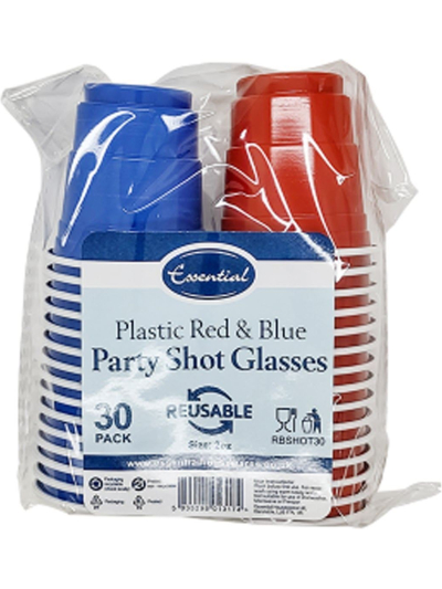 PLASTIC RED & BLUE SHOT GLASSES 2OZ PK30