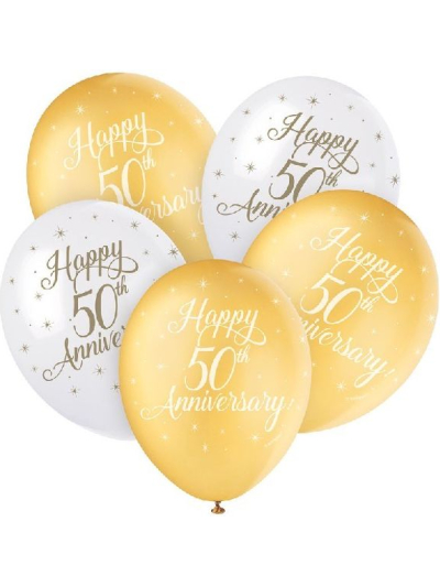 UNIQUE 12" HAPPY 50TH ANNIVERSARY LATEX BALLOONS PK5