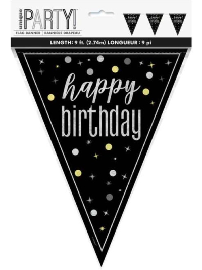 UNIQUE GLITZ BLACK HAPPY BIRTHDAY FLAG BANNER 9FT