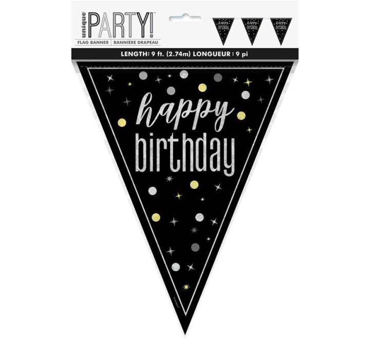 UNIQUE GLITZ BLACK HAPPY BIRTHDAY FLAG BANNER 9FT