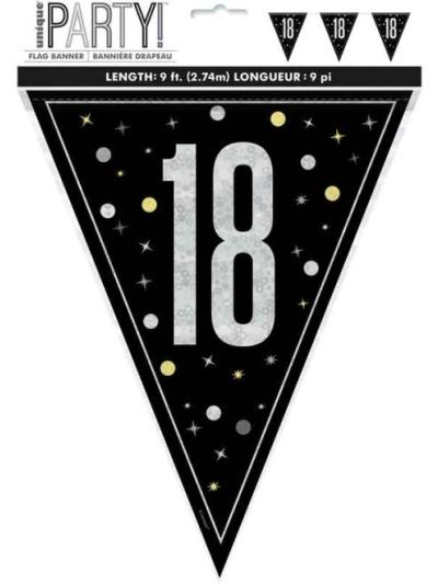 GLITZ BLK HAPPY 18TH BIRTHDAY FLAG BANNER 9FT