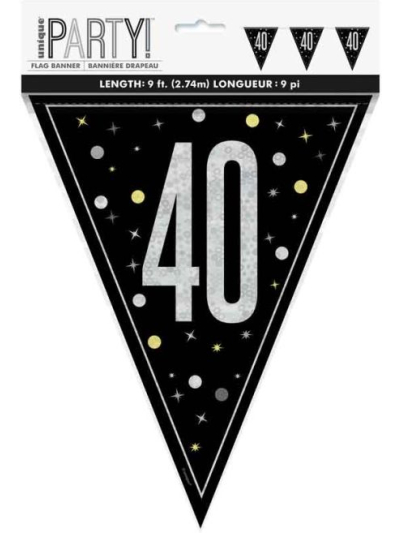UNIQUE GLITZ BLK HAPPY 40TH BIRTHDAY FLAG BANNER 9FT