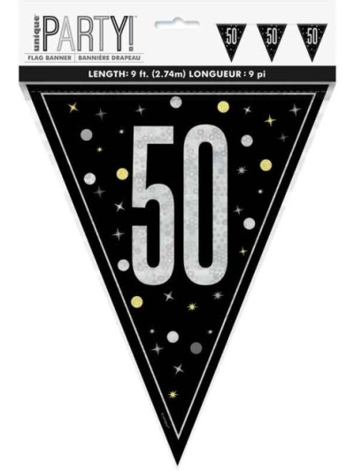 UNIQUE GLITZ BLK HAPPY 50TH BIRTHDAY FLAG BANNER 9FT