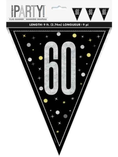 UNIQUE GLITZ BLK HAPPY 60TH BIRTHDAY FLAG BANNER 9FT