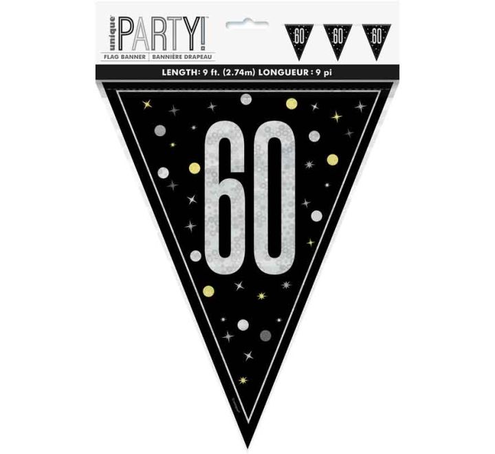 UNIQUE GLITZ BLK HAPPY 60TH BIRTHDAY FLAG BANNER 9FT