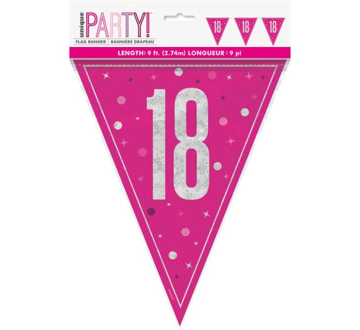 UNIQUE GLITZ PINK HAPPY 18TH BIRTHDAY FLAG BANNER 9FT