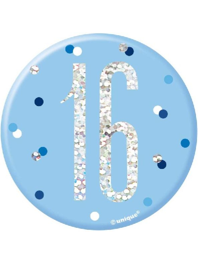 UNIQUE BDAY GLITZ BLUE 3IN BADGE-16TH