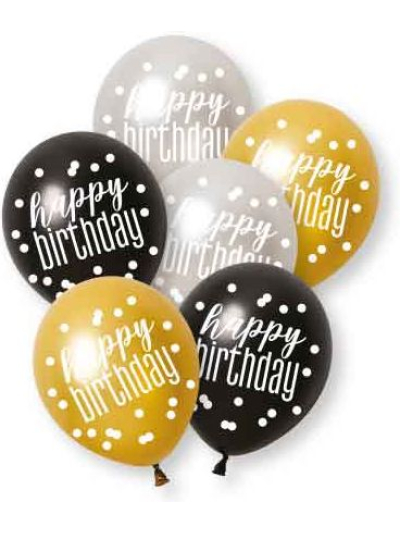 UNIQUE 6 GLITZ BLK H/BDAY ASST PEARL PREMIUM 12" LATEX BALLOONS