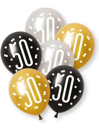UNIQUE 6 GLITZ BLK 50TH ASST PEARL PREMIUM 12" LATEX BALLOONS