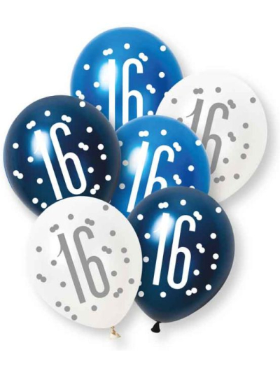 UNIQUE 6 GLITZ BLUE 16TH PLATINUM & PEARL PREMIUM 12" LATEX BALLOONS