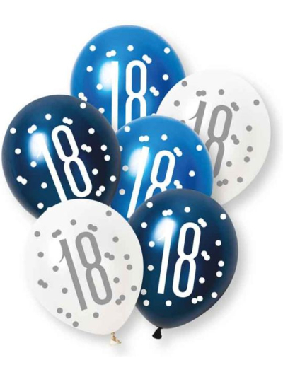 UNIQUE 6 GLITZ BLUE NUMBER 18 ASST PLATINUM & PEARL PREMIUM 12" LATEX BALLOONS