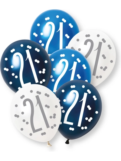 UNIQUE 6 GLITZ BLUE NUMBER 21 & PEARL PREMIUM 12" LATEX BALLOONS