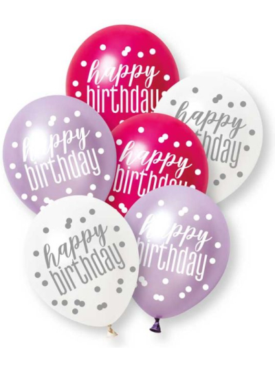 UNIQUE 6 GLITZ PINK HAPPY BIRTHDAY PEARL PREMIUM 12" LATEX BALLOONS