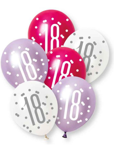 UNIQUE GLITZ PINK NUMBER 18 LATEX BALLOONS PK6