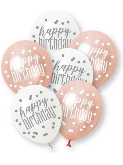 UNIQUE 6 GLITZ ROSE GOLD HAPPY BIRTHDAY ASST PREMIUM 12" LATEX BALLOONS