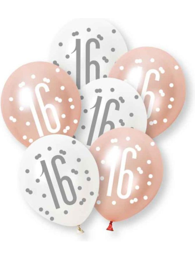 UNIQUE 6 GLITZ ROSE GOLD NUMBER 16 ASST PEARL PREMIUM 12" LATEX BALLOONS
