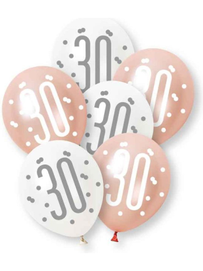UNIQUE 6 GLITZ ROSE GOLD NUMBER 30 ASST PEARL PREMIUM 12" LATEX BALLOONS