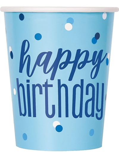 UNIQUE 8 GLITZ BLU/SILV DOT BDAY 9OZ CUPS