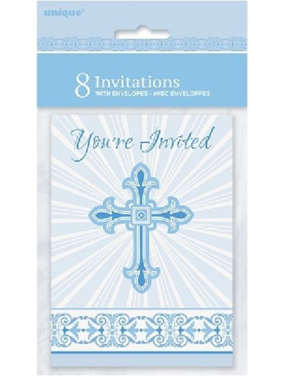 UNIQUE BLUE RADIANT CROSS INVITATIONS PK8