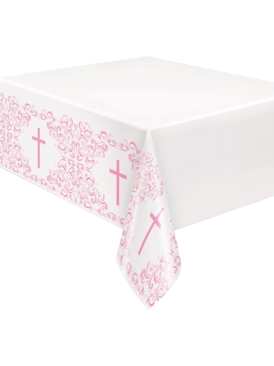 UNIQUE PINK HOLY CROSS RECT PLASTIC TABLECOVER 54X84IN